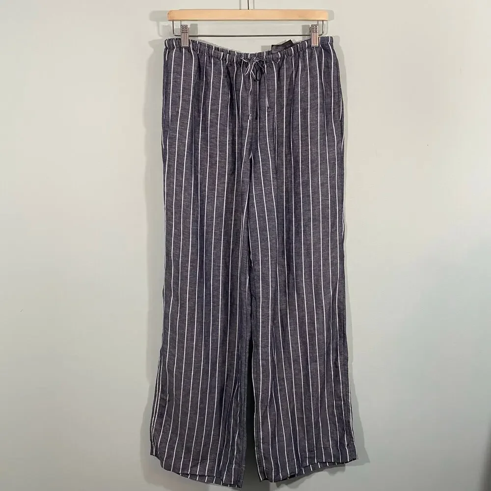 H&M Women Grey Chambray Viscose Linen Blend Pull On Pants Size M